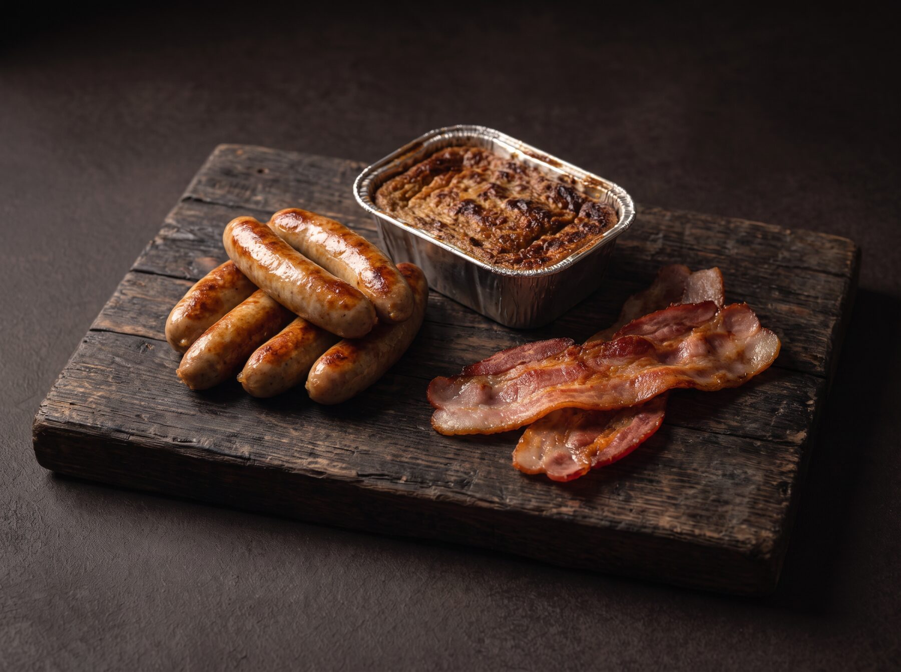 Brunchkassen: stegte brunchpølser, ovnbagt leverpostej og sprød bacon