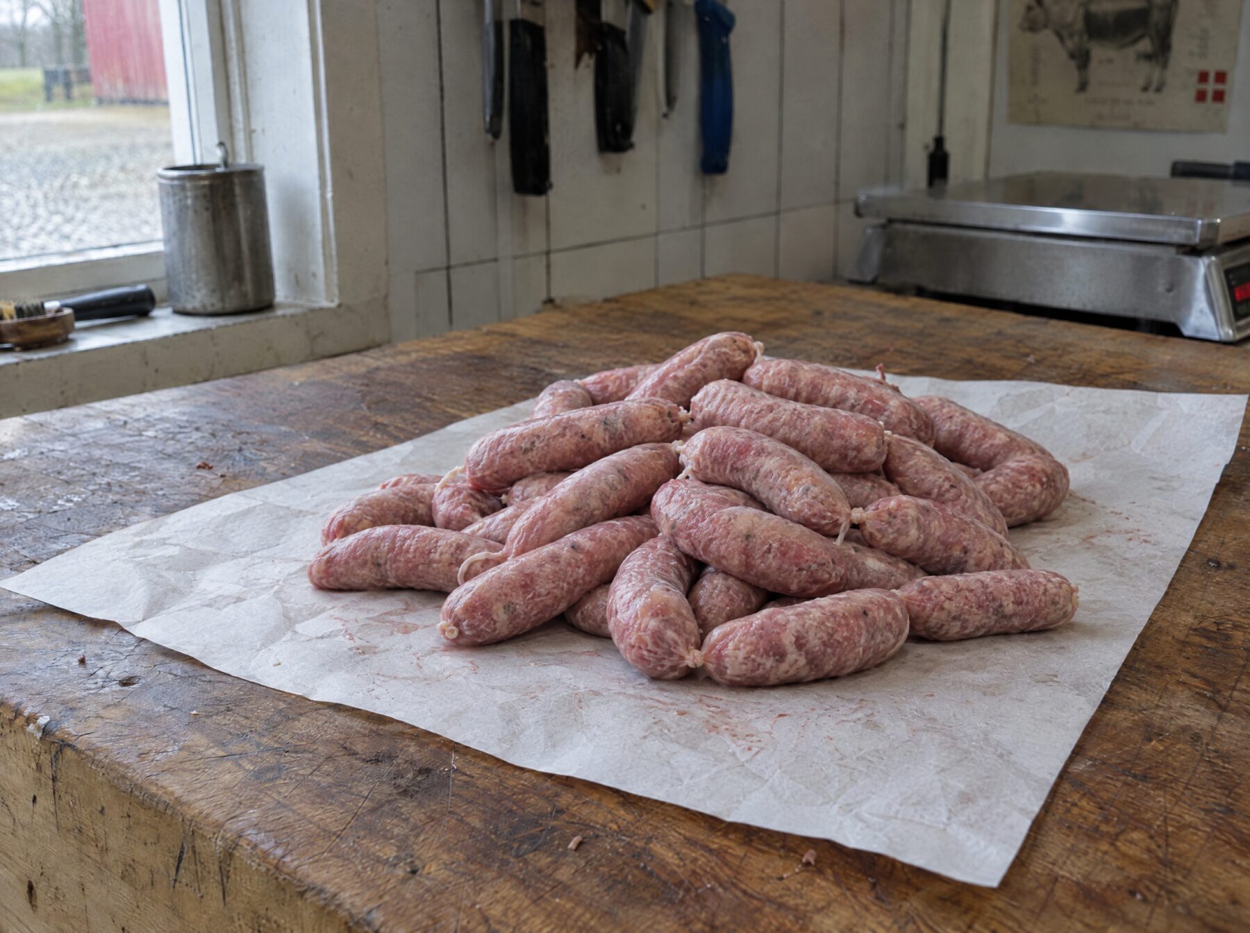 Rå brunchpølser af oksekød fra skotsk højlandskvæg og svinekød på slagterpapir