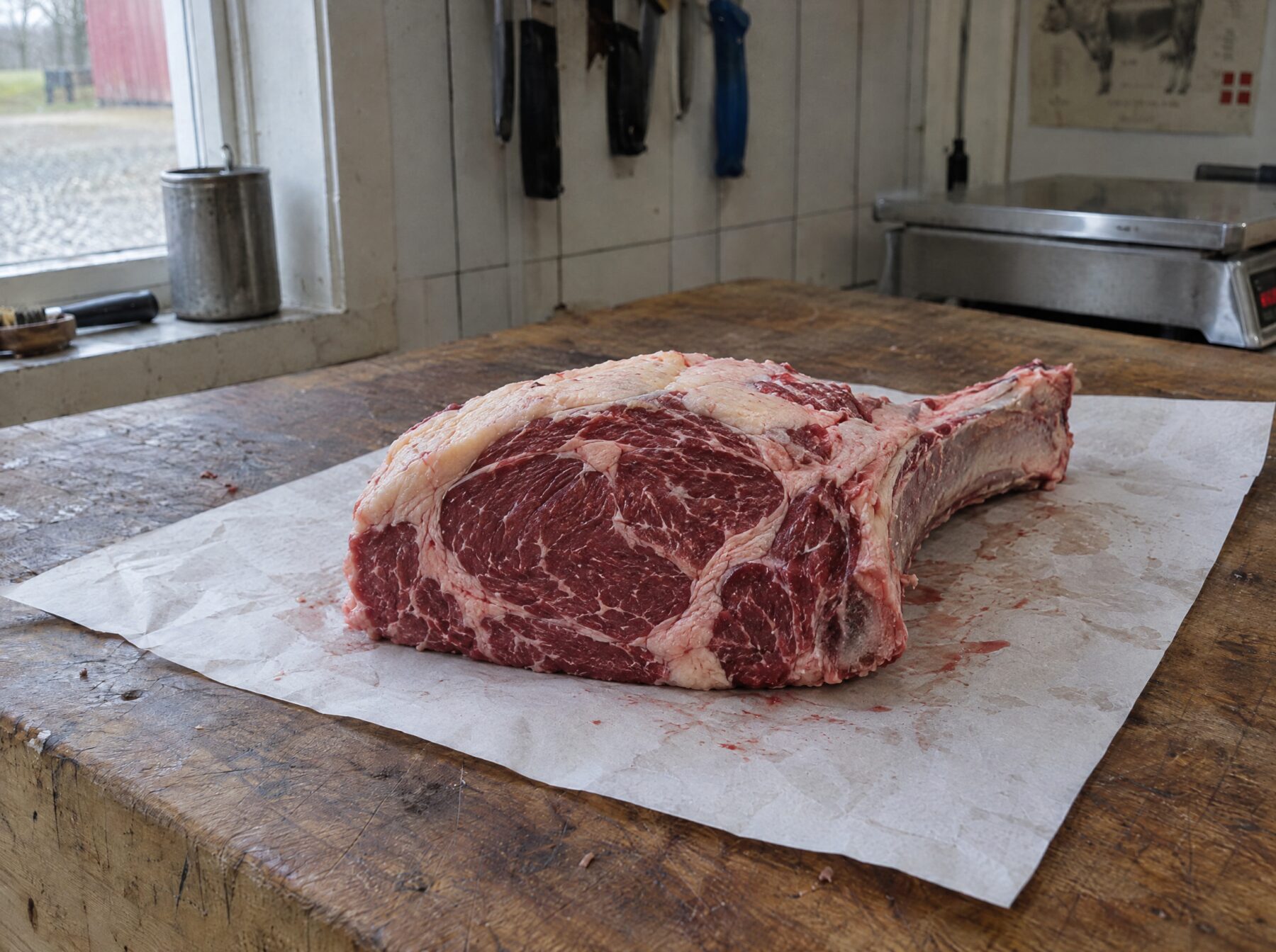 Rå côte de bœuf af skotsk højlandskvæg med ben på et slagterbord