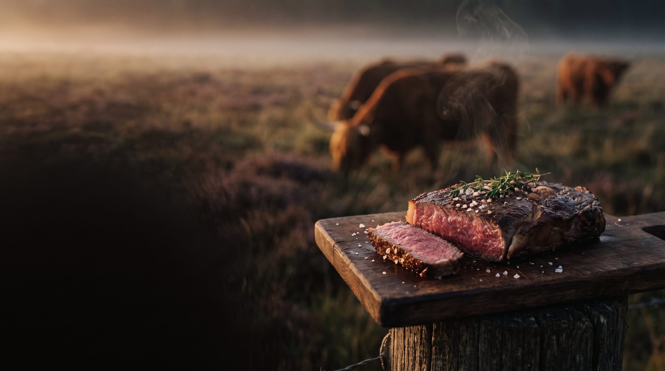 Stegt ribeye med en skive skåret fra, på et slidt træbræt ude på engen, med skotsk højlandskvæg i morgentåge i baggrunden.
