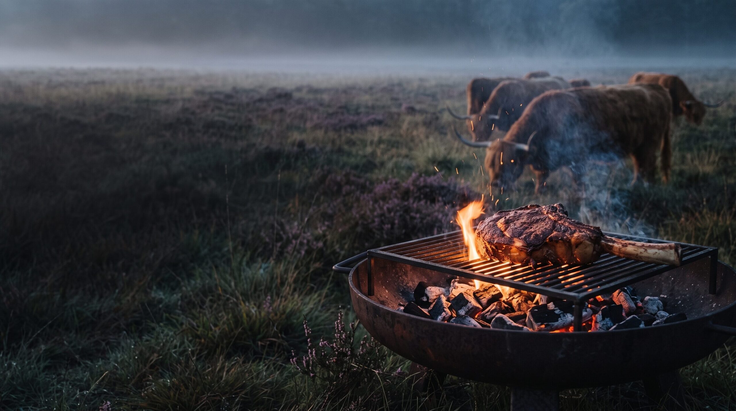 Tomahawk steak på grillristen over glødende kul og flammer i skumringen på engen.