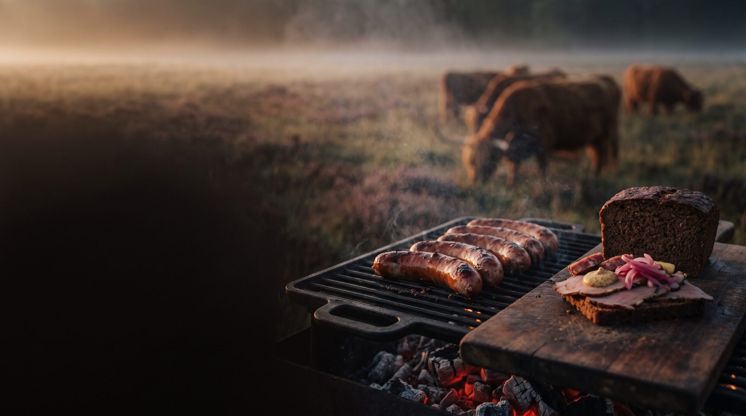 Grillpølser over gløder og rugbrød med røget okseinderlår og spegepølse på et træbræt ude på engen.