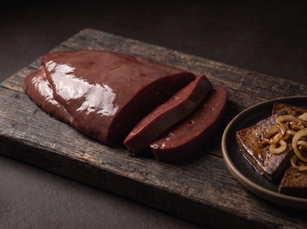 Rå lever i skiver på et mørkt bræt med stegt lever og løg i kanten