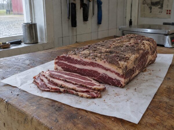 Oksebacon af skotsk højlandskvæg i ét stykke med tynde skiver på slagterpapir
