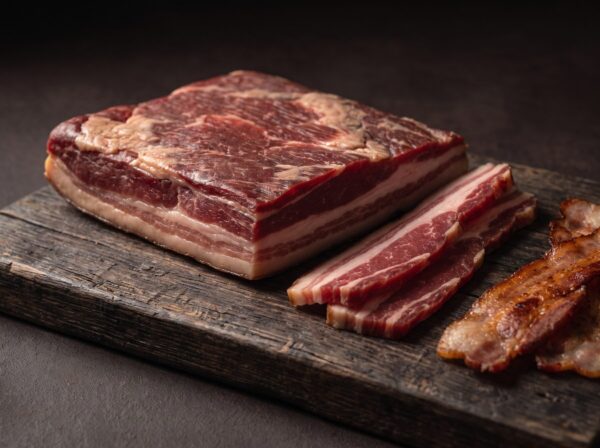 Oksebacon af skotsk højlandskvæg i ét stykke med rå skiver og sprødstegt bacon i kanten