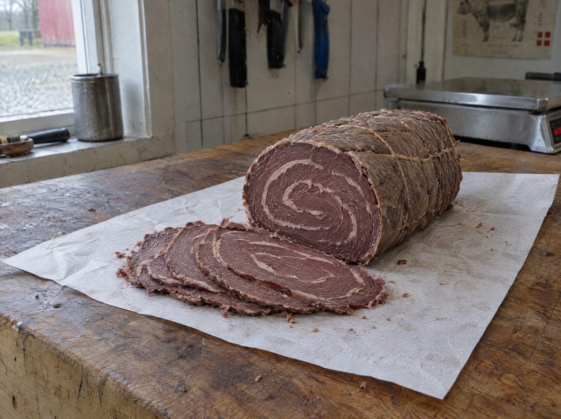 Okse rullepølse af skotsk højlandskvæg, hel og i skiver på slagterpapir