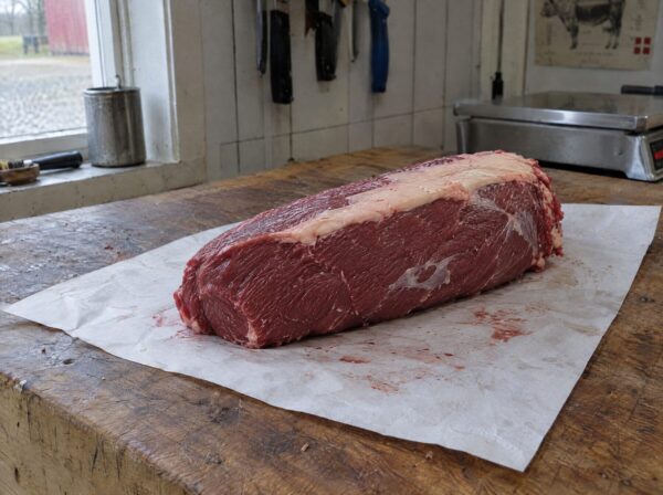 Hel rå roastbeef på et slagterbord