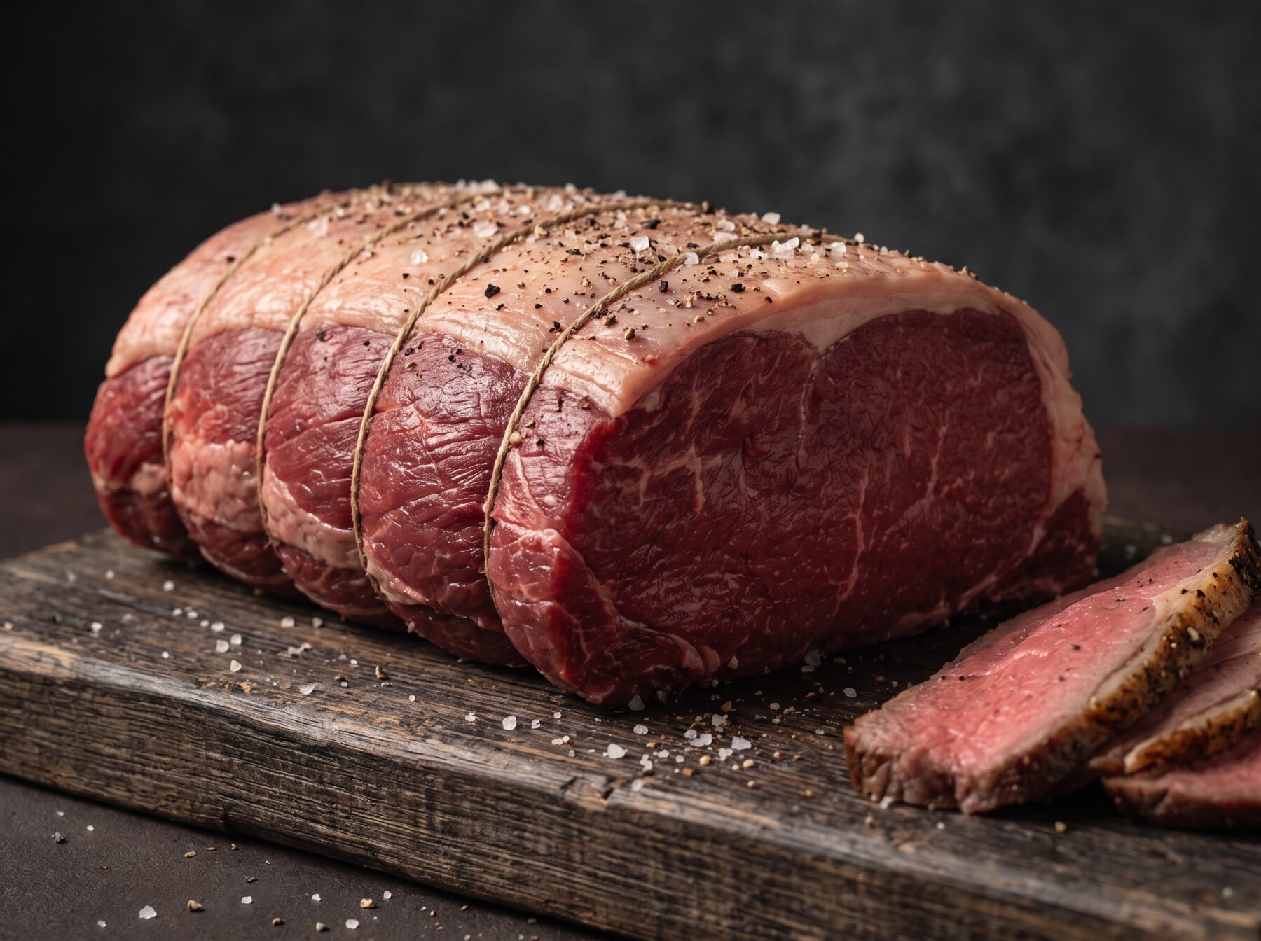 Rå roastbeef bundet med snor, tynde stegte skiver i kanten